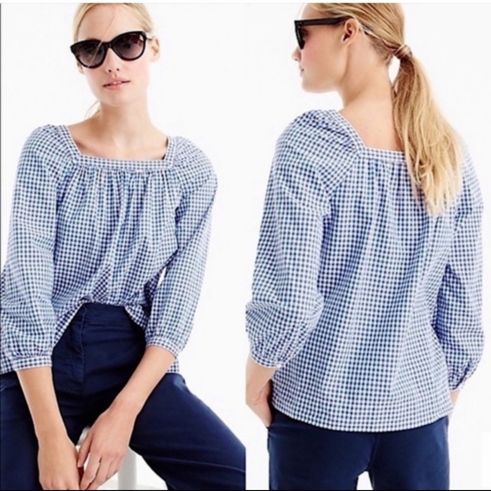 J.Crew penny gingham peasant square neck blouse